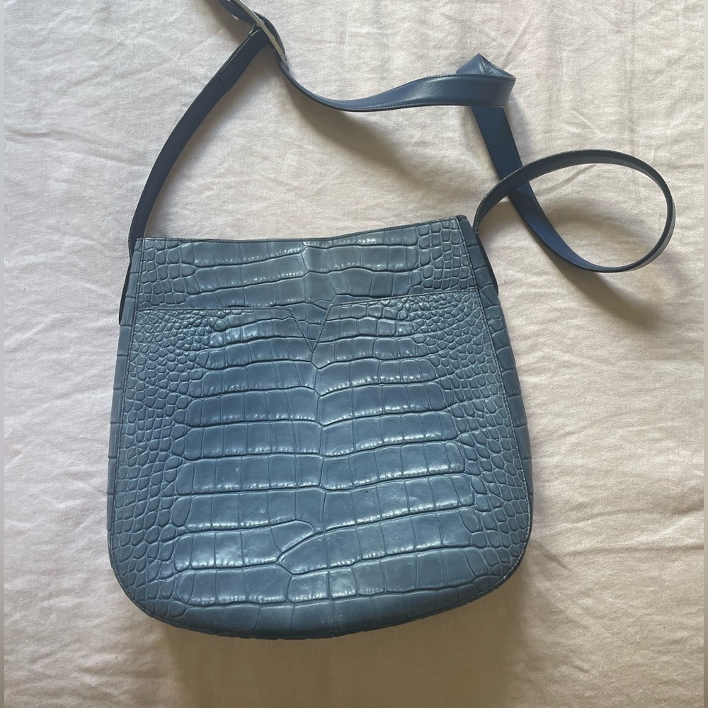 VINCE blue crocodile embossed leather crossbody purse